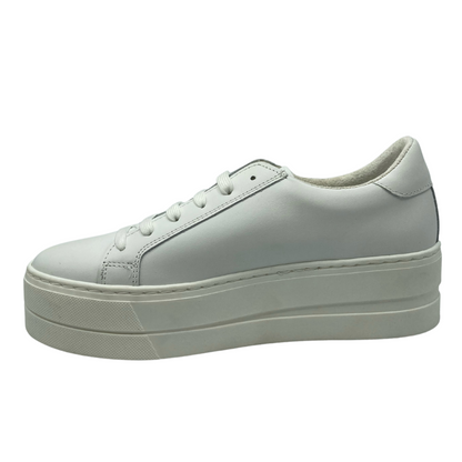 Left facing view of white leather sneaker with 2" platform sole