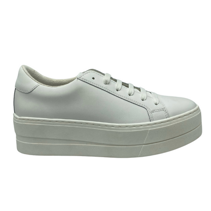 Right facing view of white leather sneaker with 2" rubber platform sole
