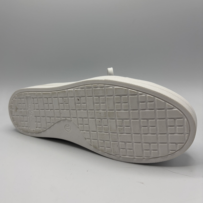 White shoe sole with tread pattern on a gray background