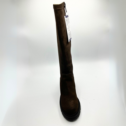 Brown knee-high boot with a visible brand tag on a white background
