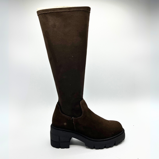 Brown knee-high boot on a white background