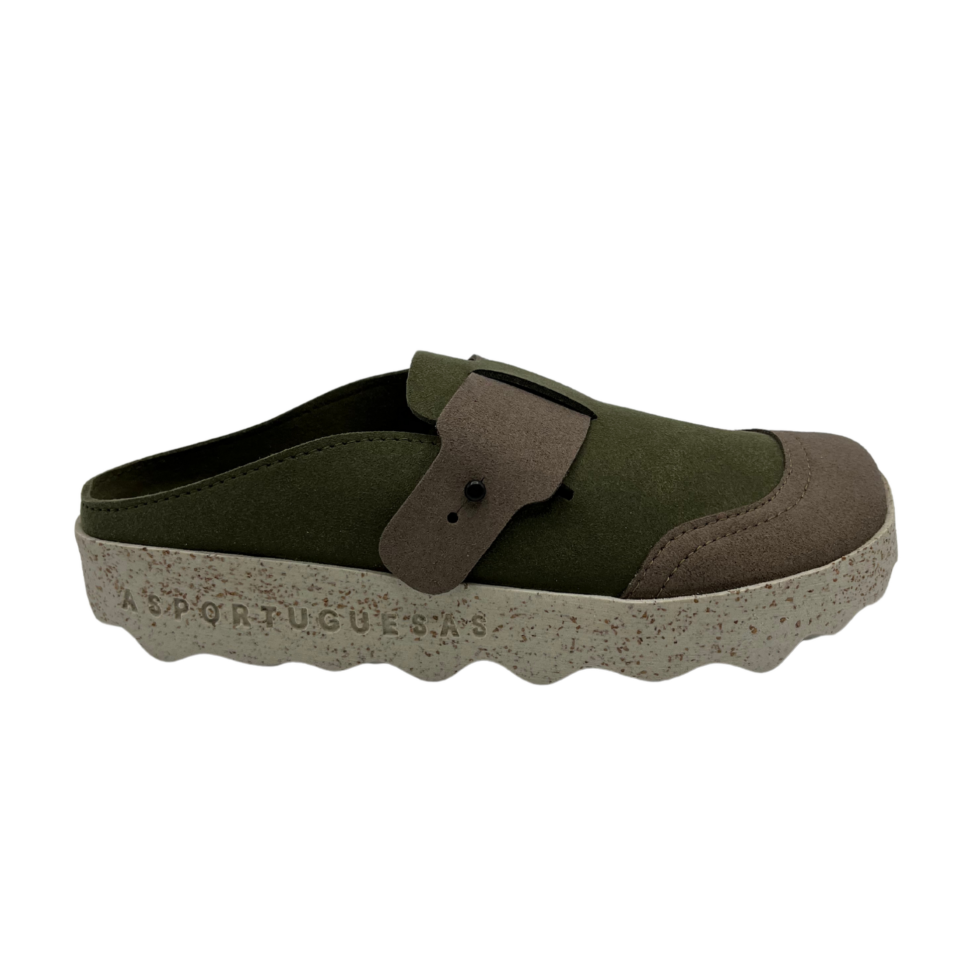 Right facing view of army green and taupe faux suede slip on clogs