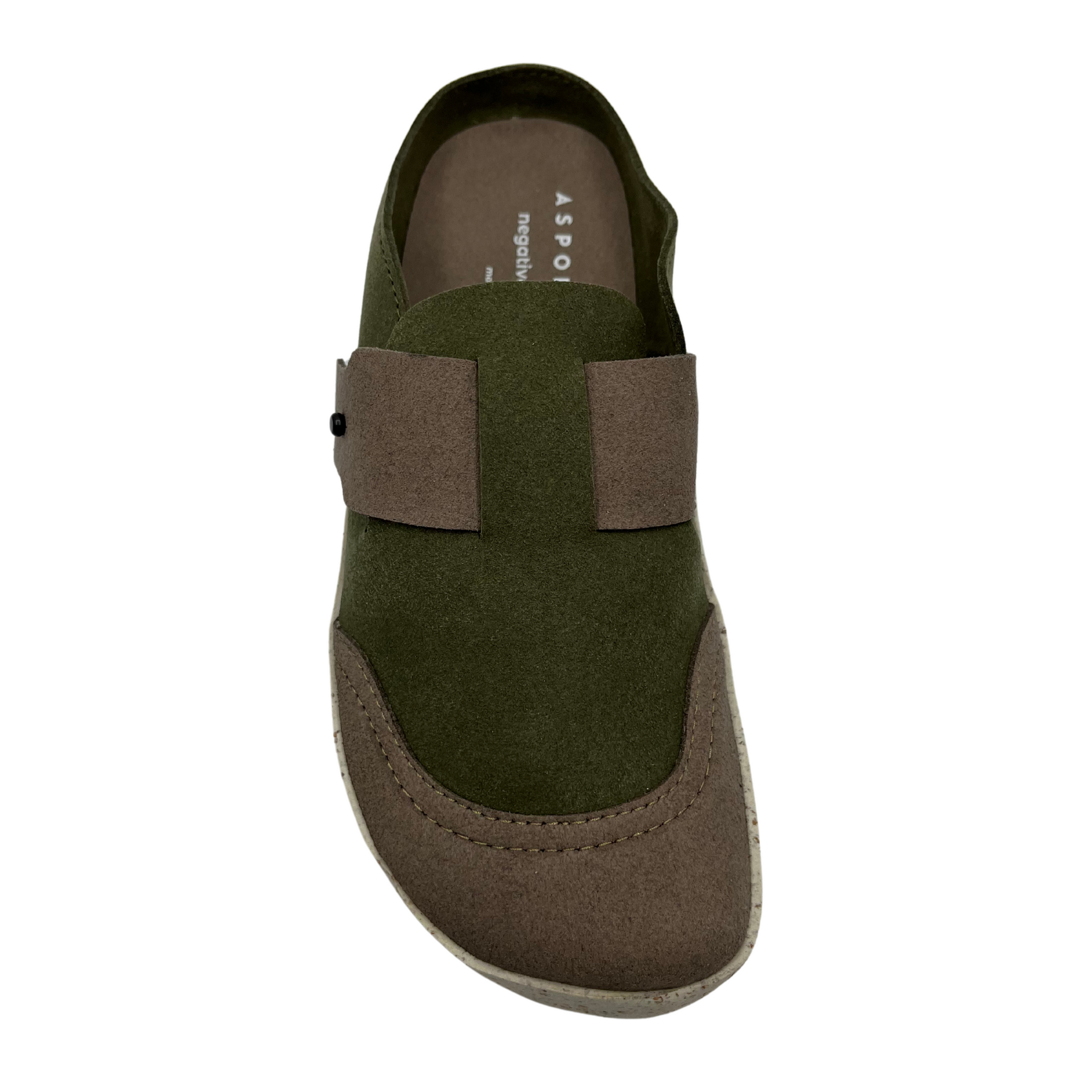 Top view of army green and taupe faux suede slip on clogs