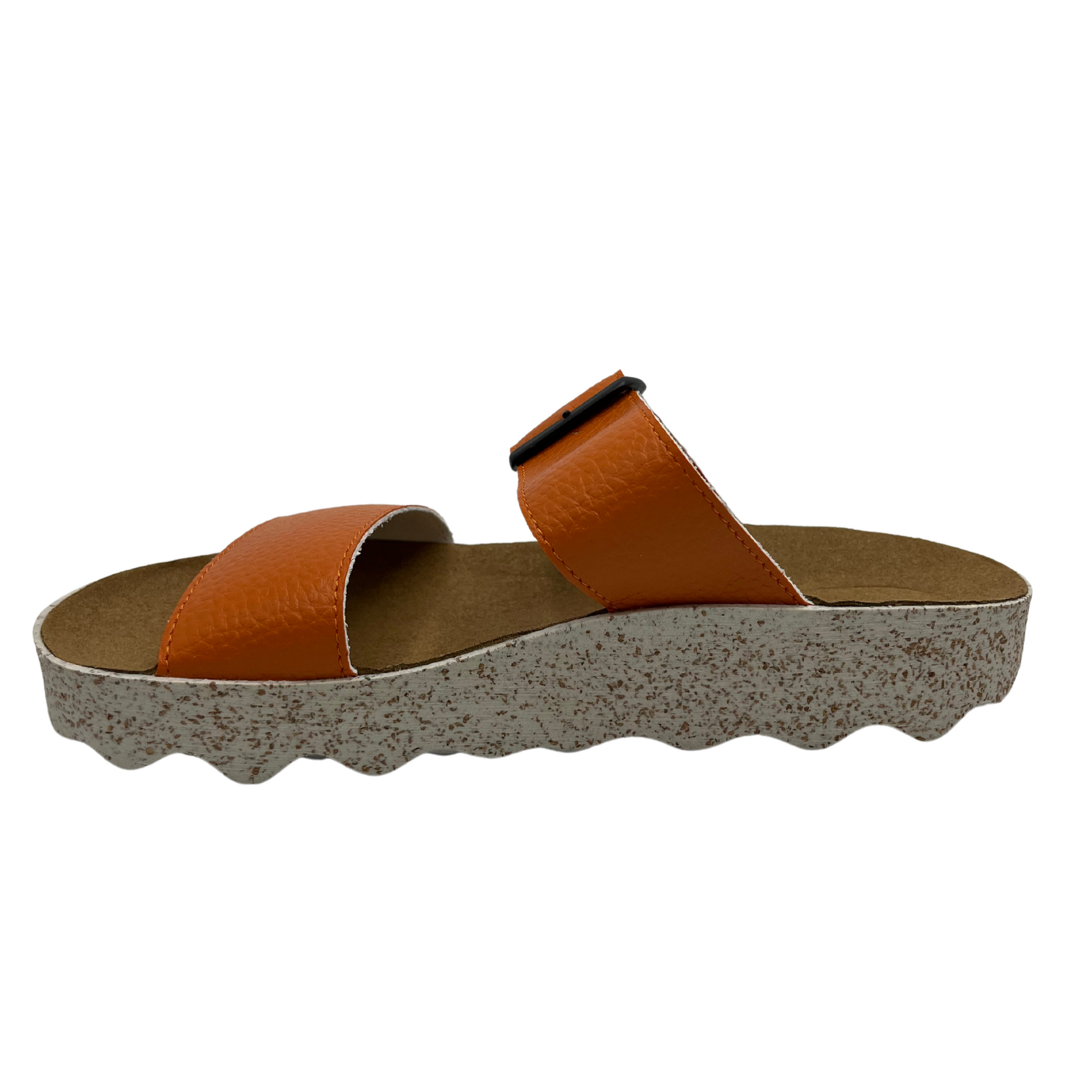 Left facing view of orange strapped sandal with contoured footbed and speckled white and brown outsole
