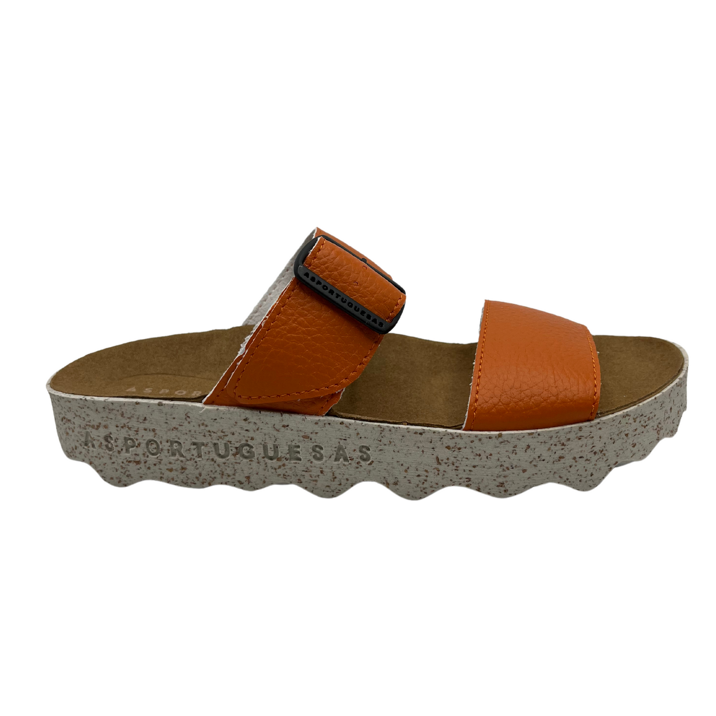 Right facing view of orange strapped sandal with contoured footbed and speckled white and brown outsole