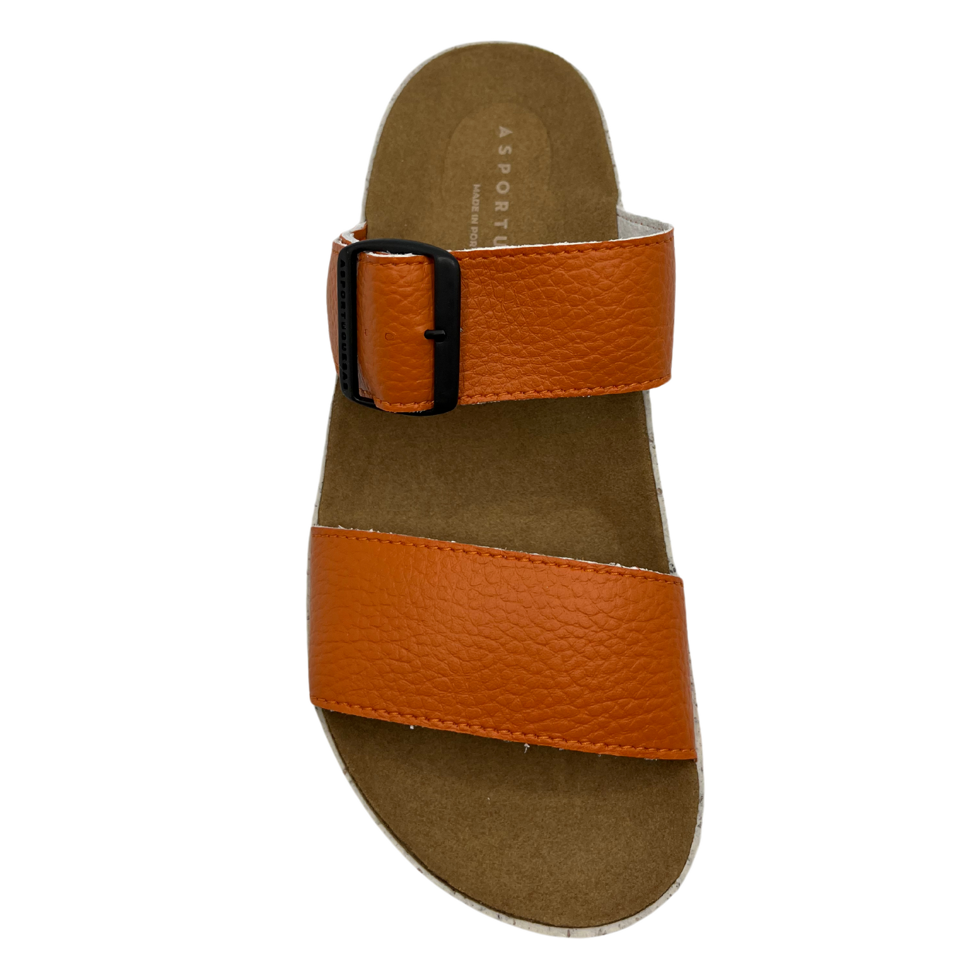Top view of orange strapped sandal with contoured footbed and speckled white and brown outsole