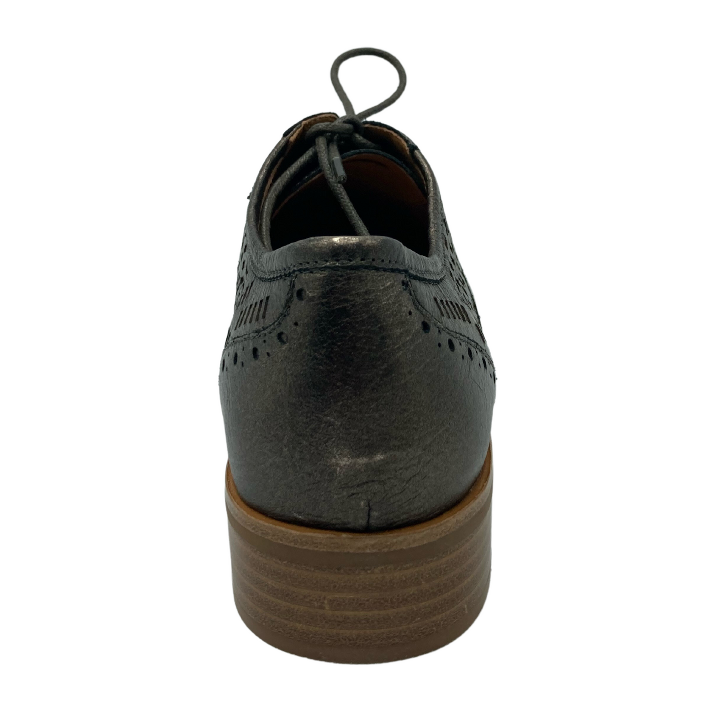 Heel view of back of leather shoe with brown sole and matching laces