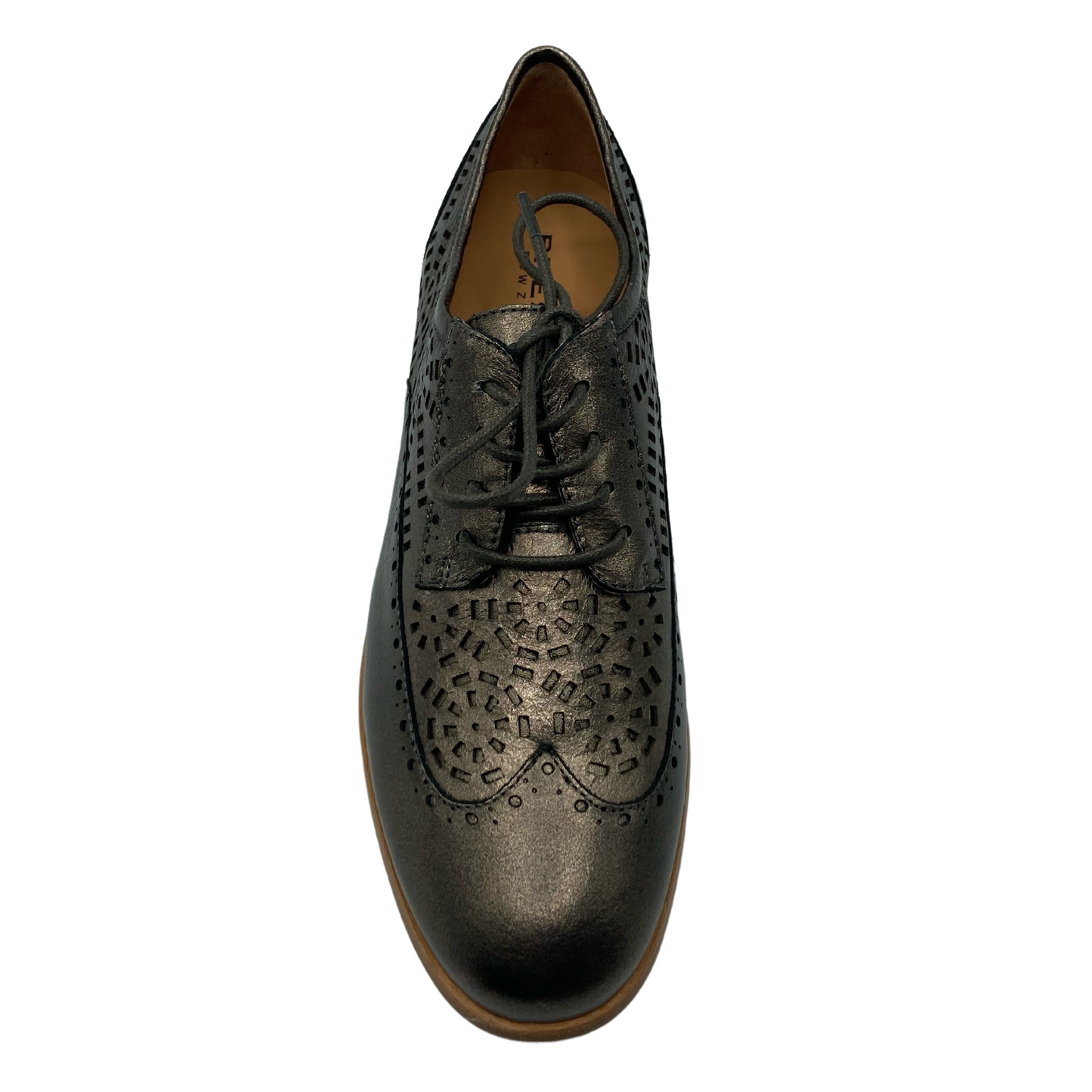 Top view of leather shoe with matching laces and light brown inner leather lining