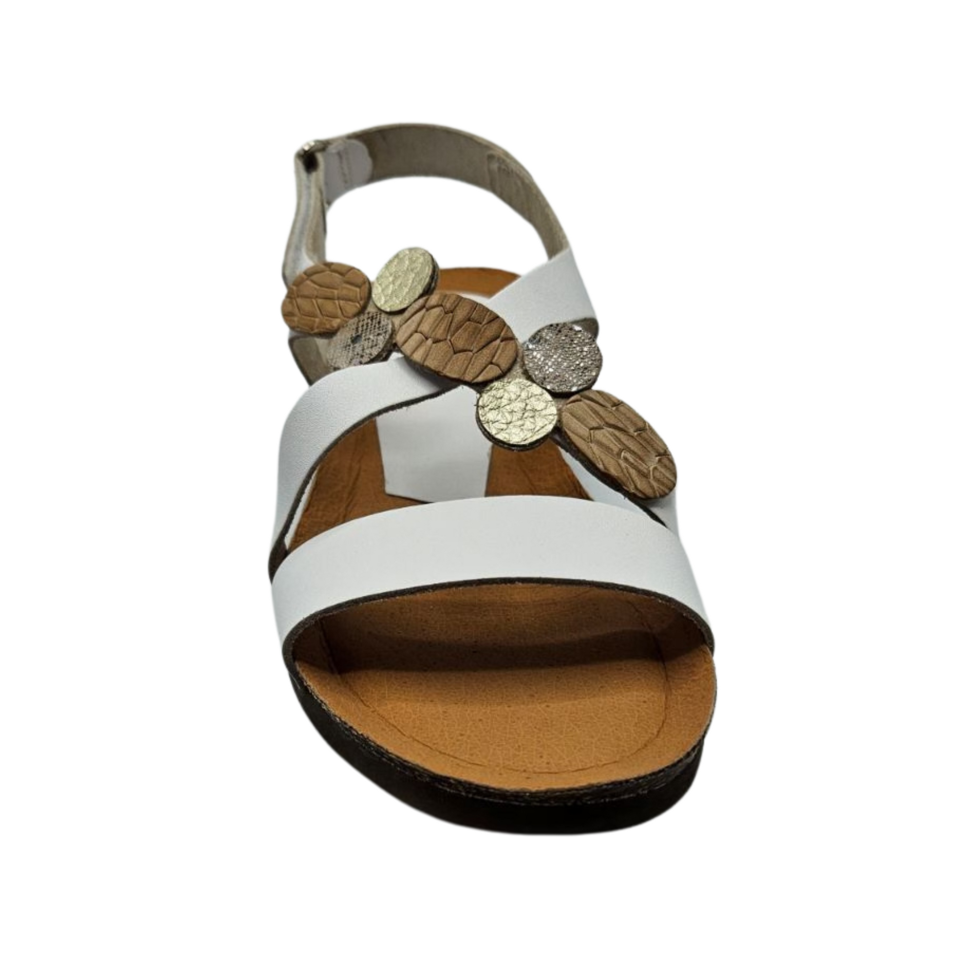 Front facing view white leather sandal with mixed metallic accents on upper strap. It has a velcro ankle strap and rounded toe.