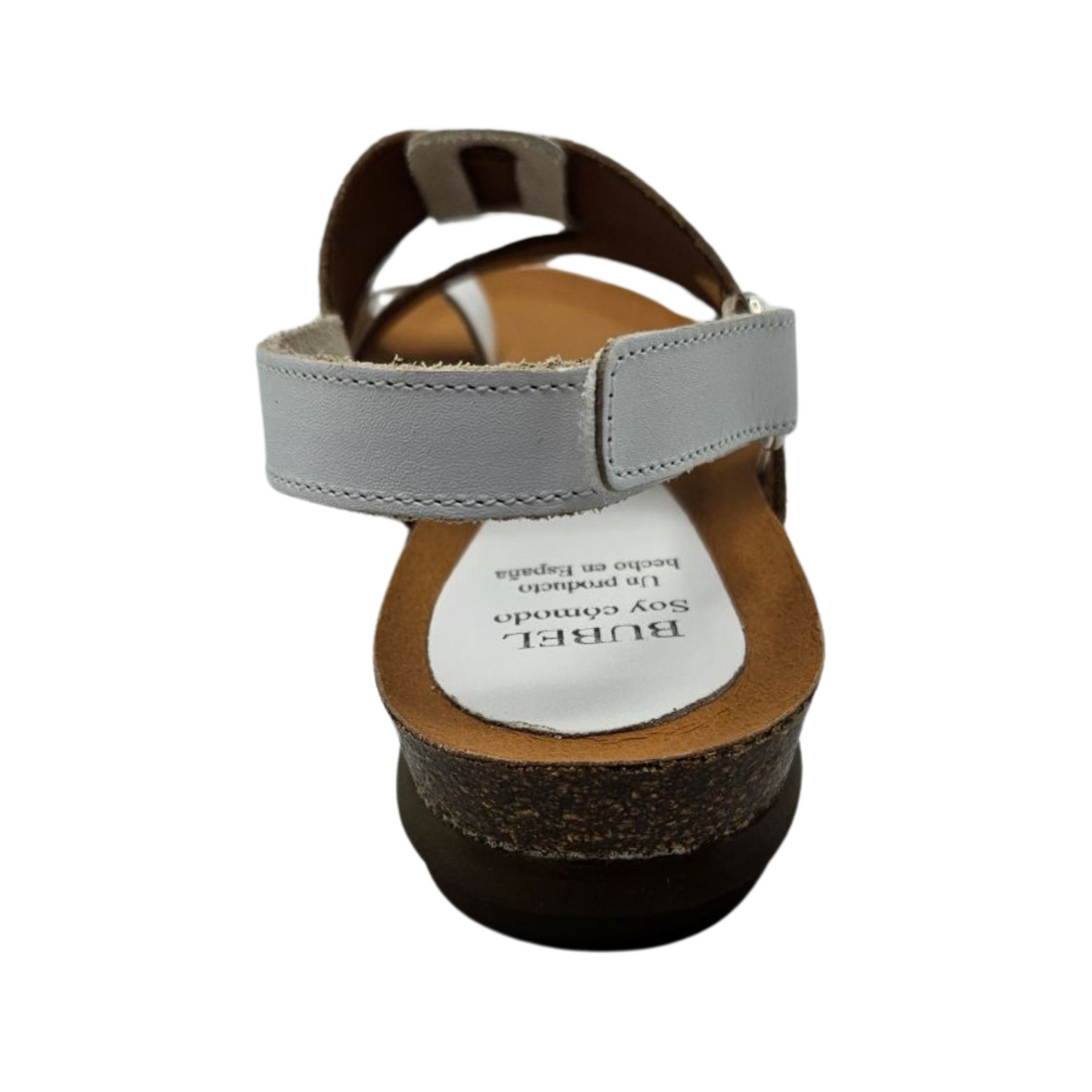 Back view of white and gold leather sandal with a toe strap and velcro ankle strap. Braided detail on the gold strap and cushioned footbed