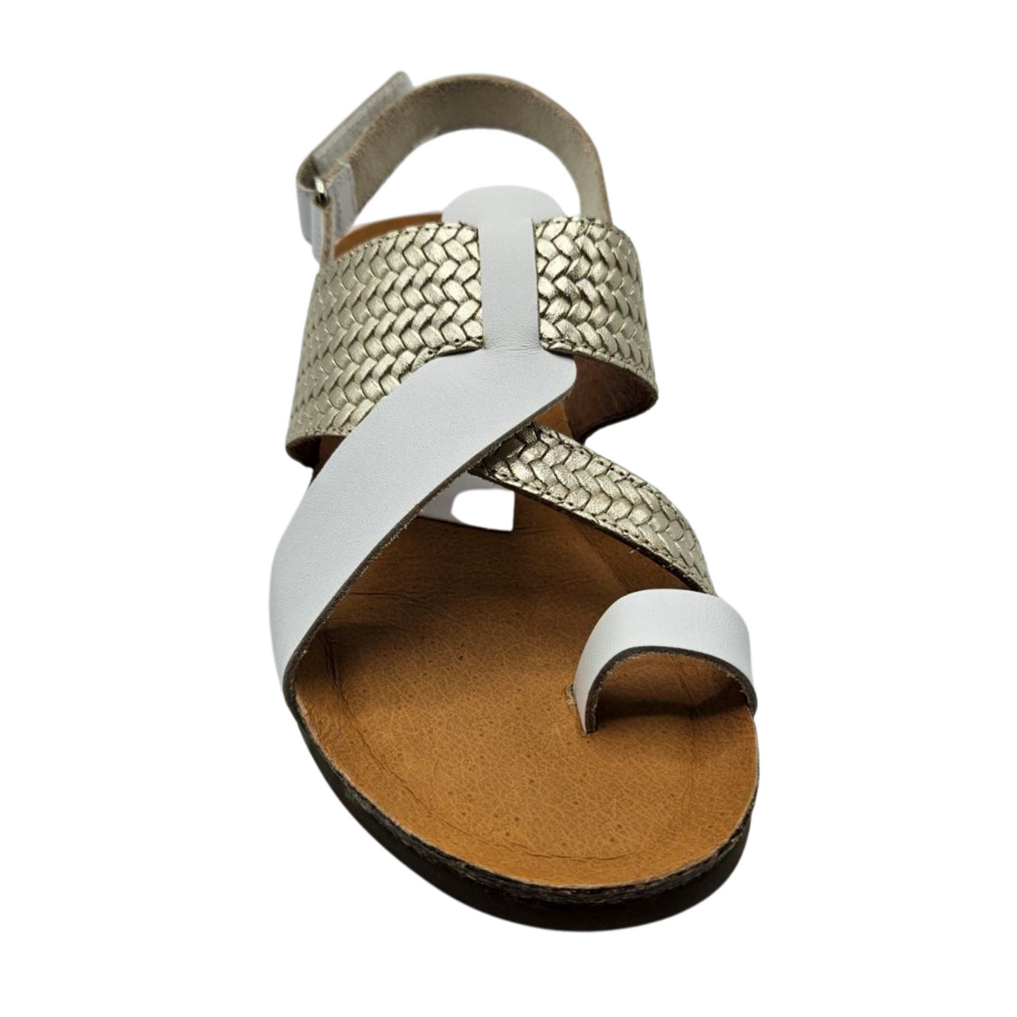 Front facing view of white and gold leather sandal with a toe strap and velcro ankle strap. Braided detail on the gold strap and cushioned footbed