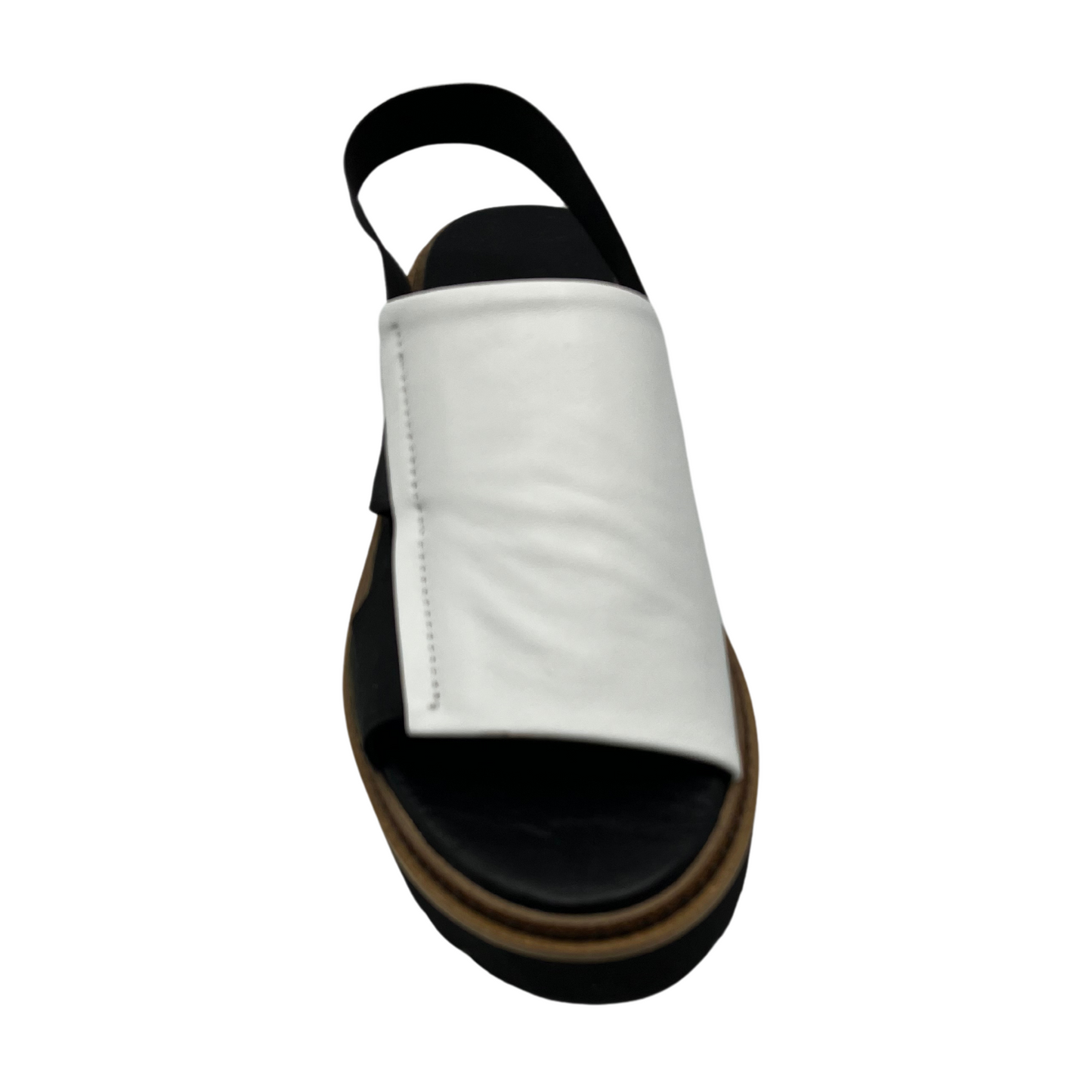 Top view of white sandal with rounded toe and black straps