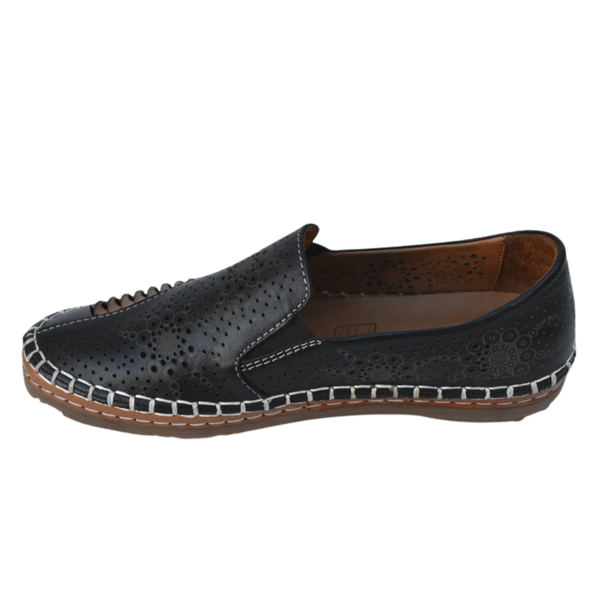 Left facing view of black leather shoe with embossed details and brown rubber outsole