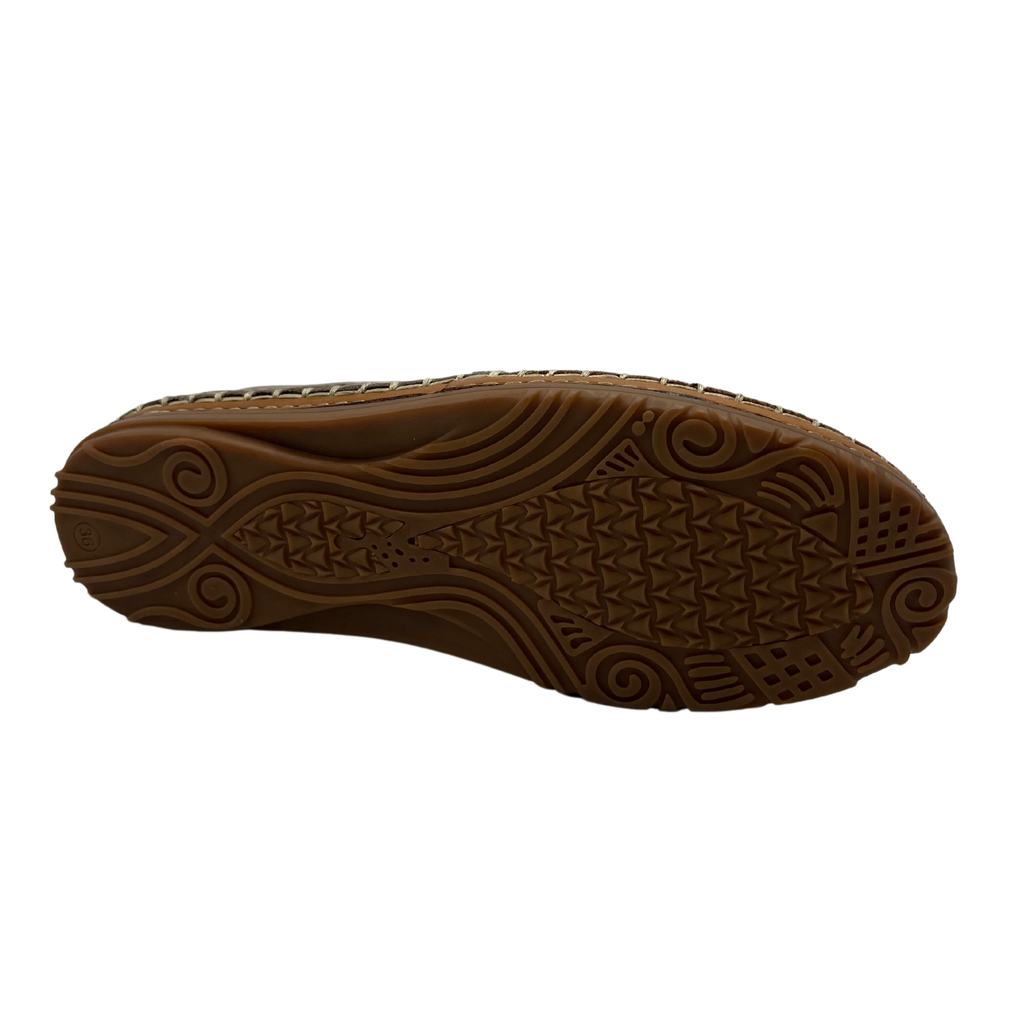 Bottom view of leather shoe with brown rubber outsole