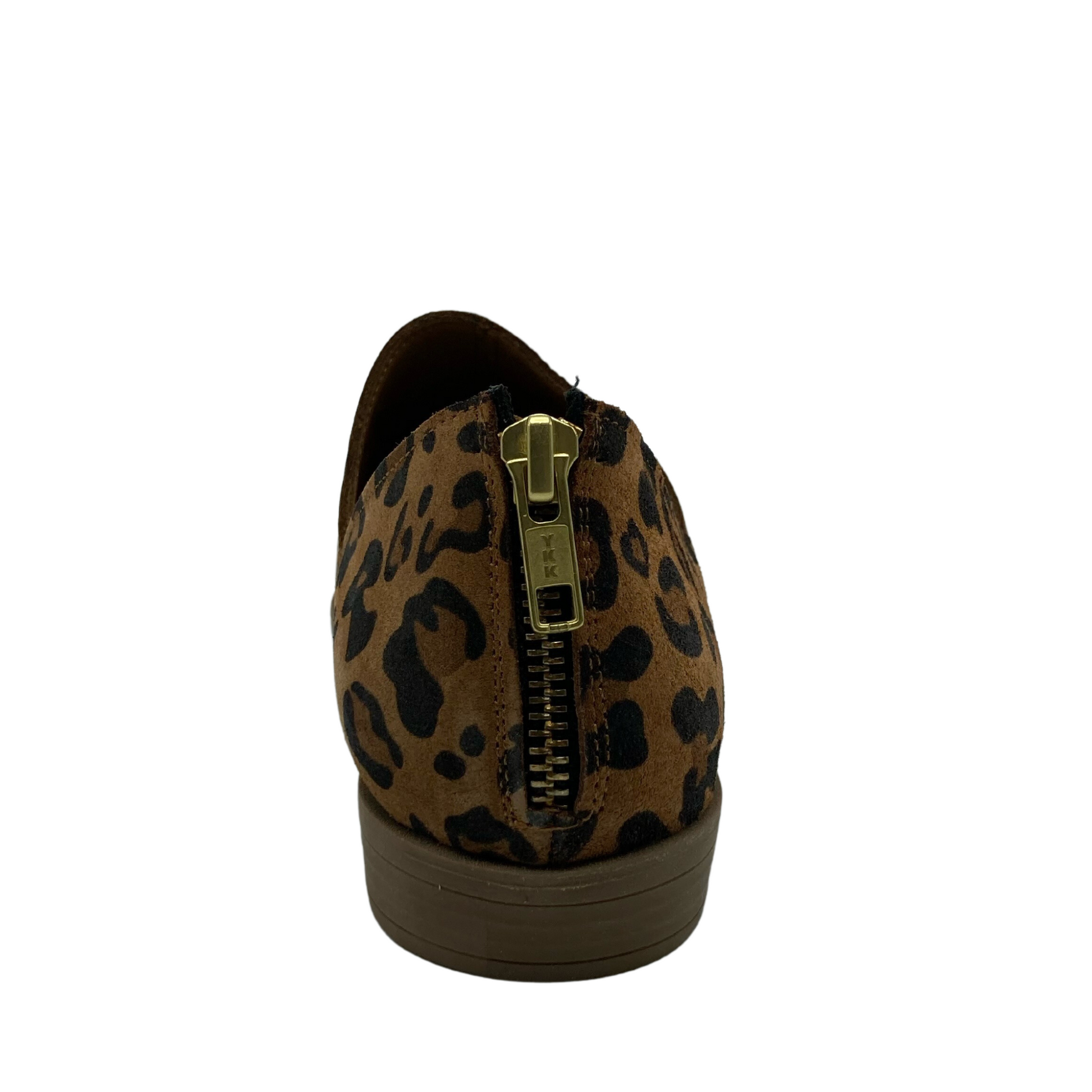 Hind view of low heeled leather shoe with leopard pattern and gold zipper