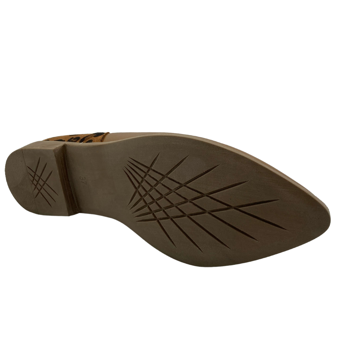 View of the bottom of brown flat shoe with rubber sole