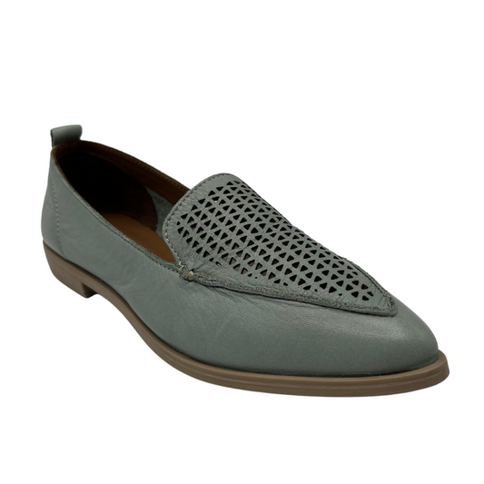 45 degree angled view of pale green leather loafer with pointed toe