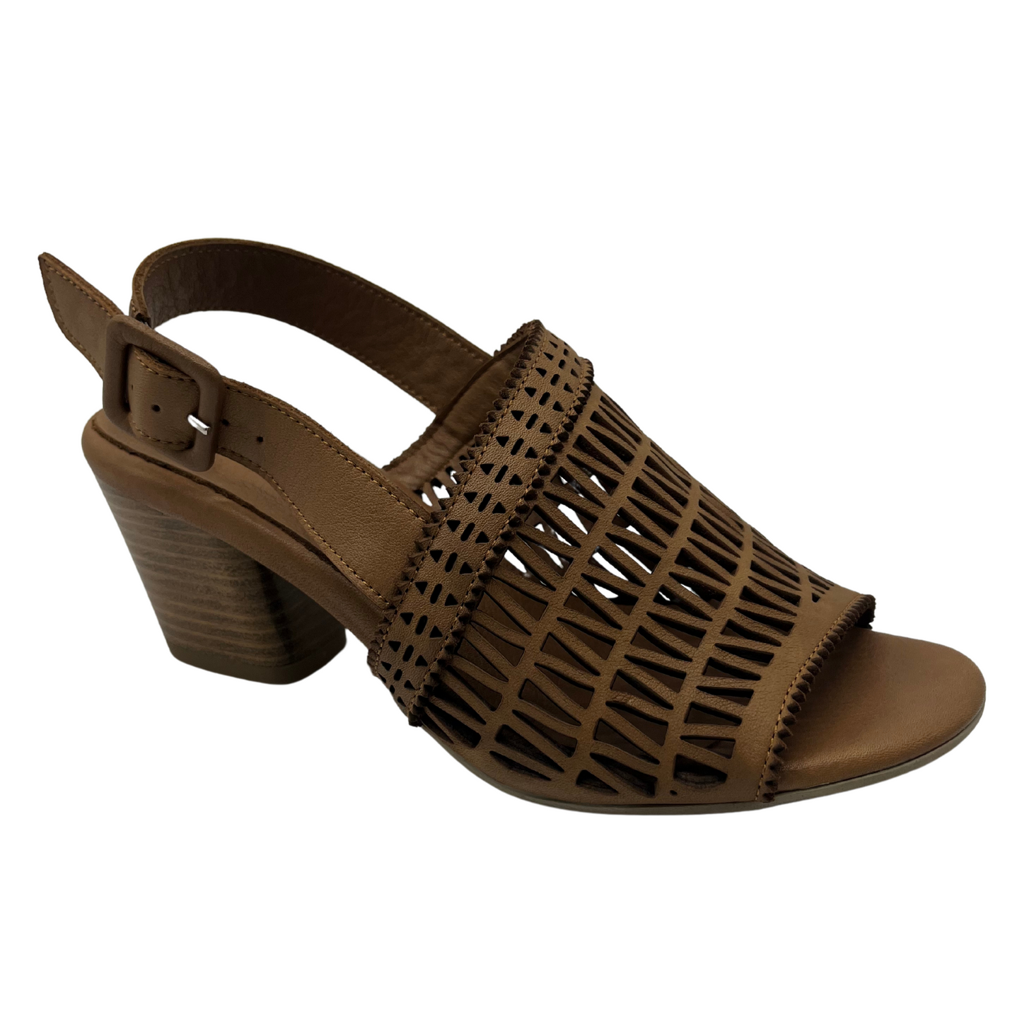 45 degree angled view of brown leather sandal with block heel and cut out detail