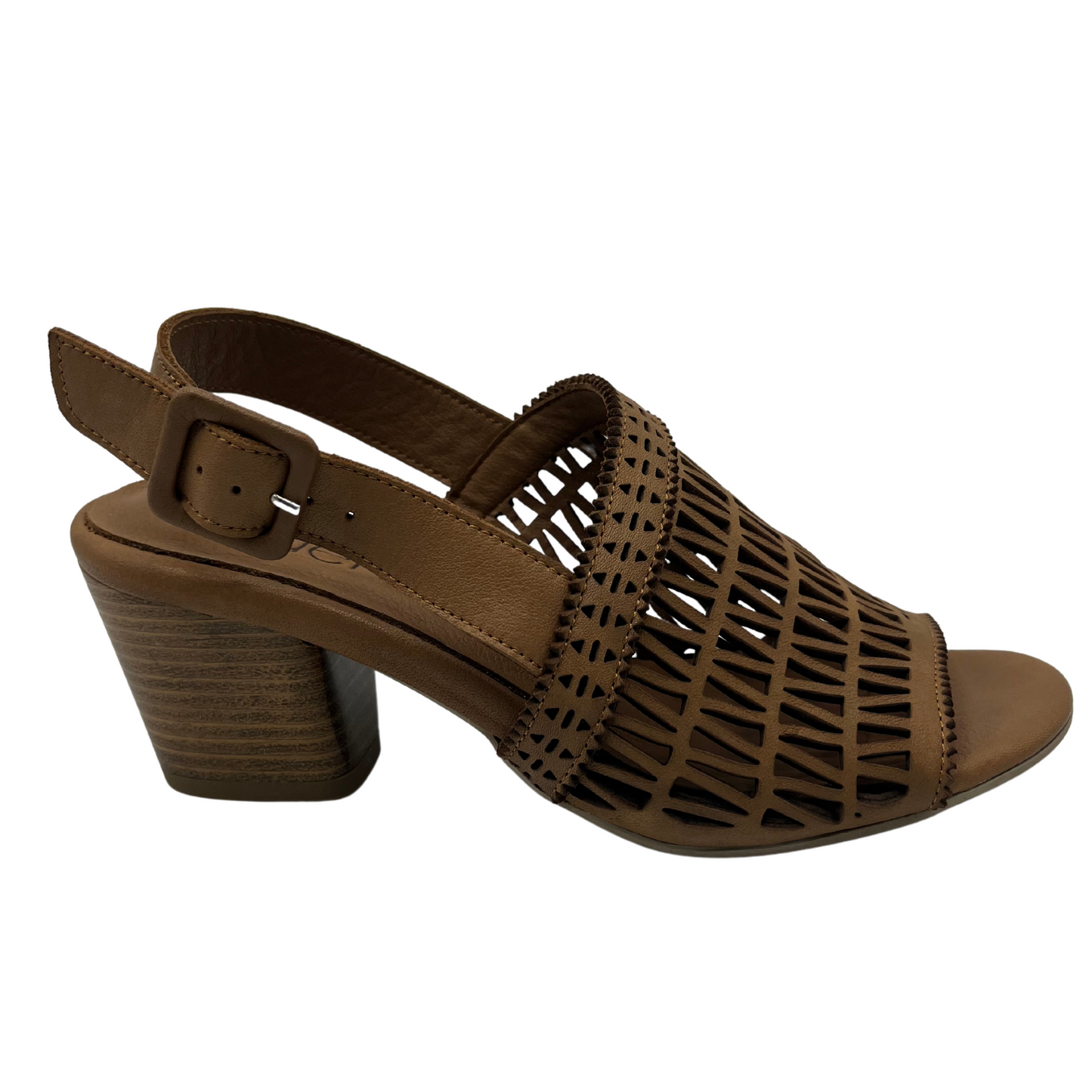 Right facing view of brown leather sandal with block heel and cutout details