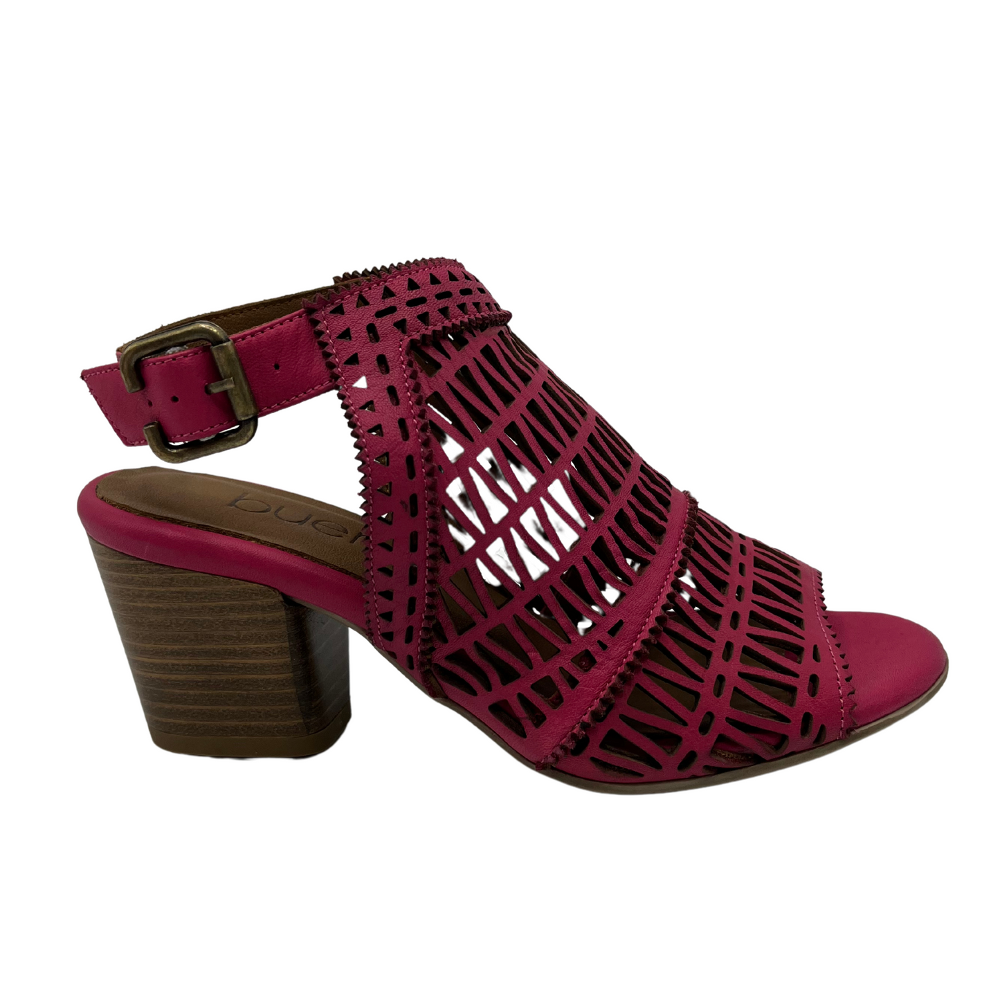 Right facing view of hot pink sandal with cut out details, block heel and peep toe