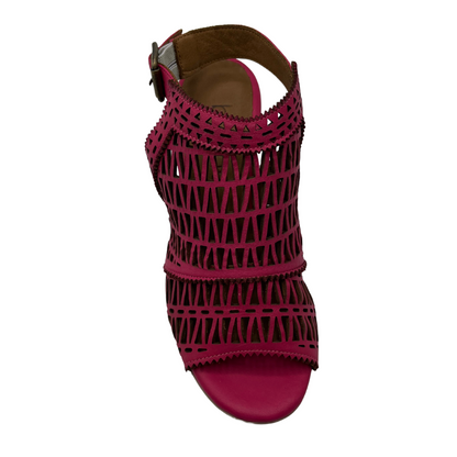 Top view of hot pink sandal with block heel, cut out details and peep toe