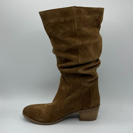 Brown suede knee-high boot on a white background