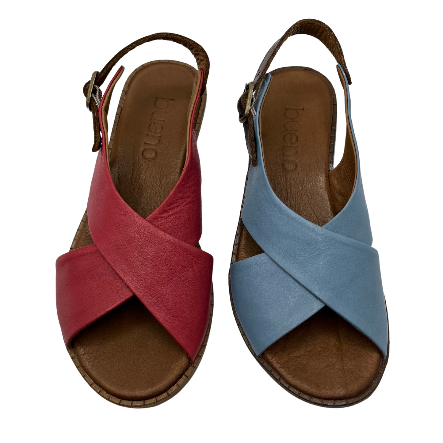 Top view of two leather sandals side by side. One is red and one is light blue. Both have a rounded toe and brown slingback strap