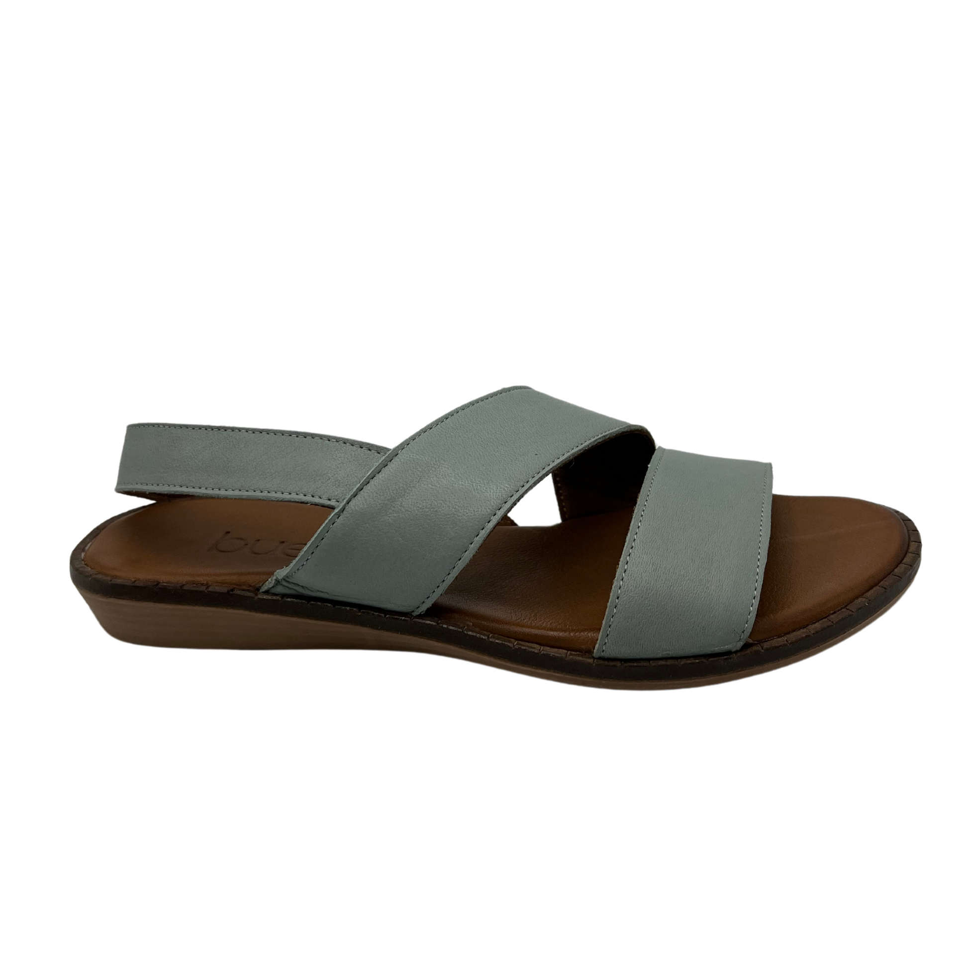 Right facing view of pale green leather sandal with slight wedge heel, rounded tow and slingback strap