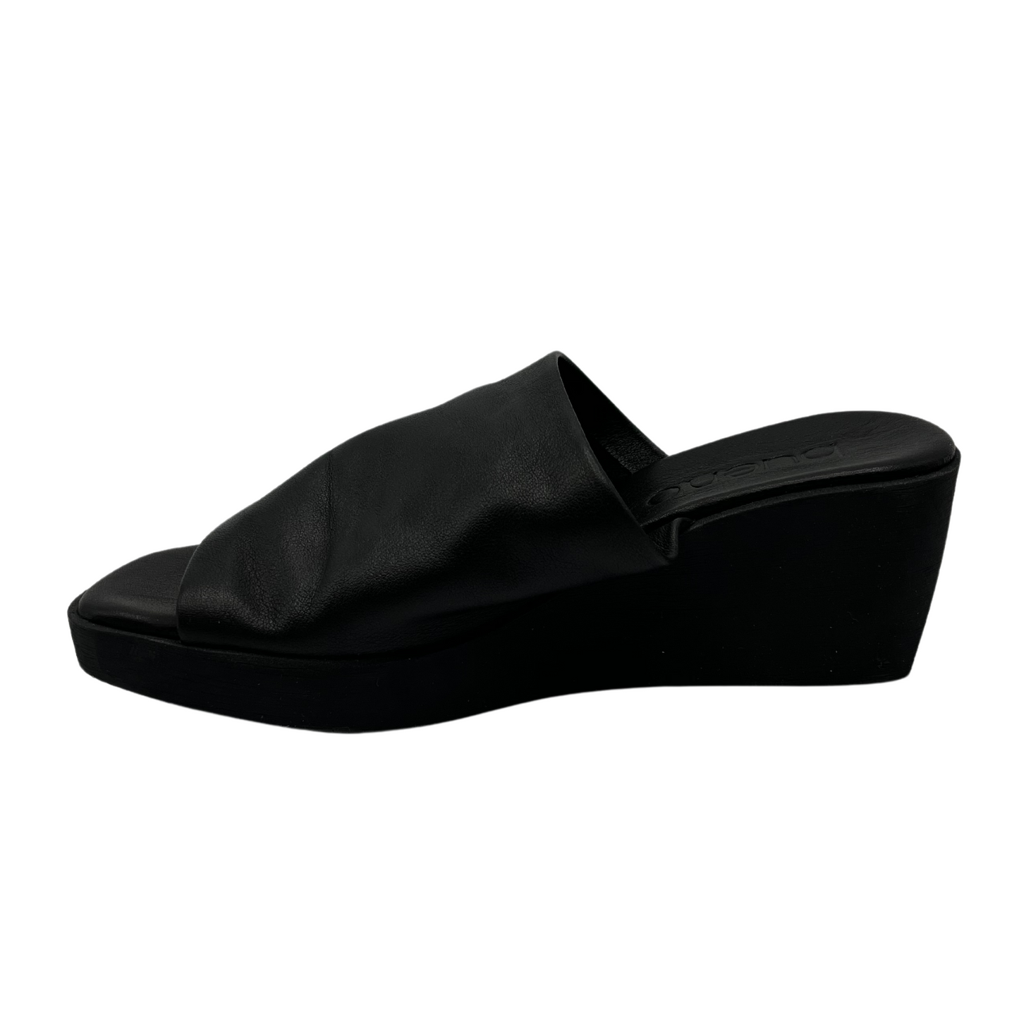 Left facing view of black leather wedge sandal with square toe and black outsole
