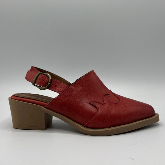 Right facing view of red western style slingback shoe with a 1.75" heel and pointed toe.