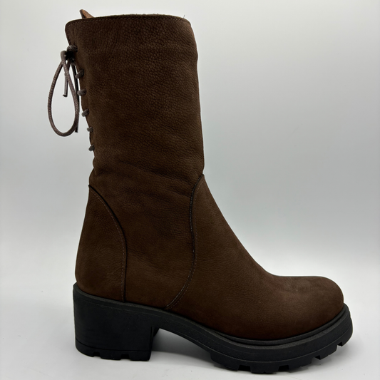Right facing view of a brown suede boot with a thick heel