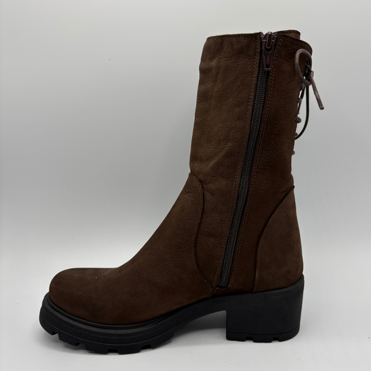 A brown suede mid-calf boot with a black side zipper, black block heel, and a small hanging leather pull tab, shown from a side profile on a light gray background.