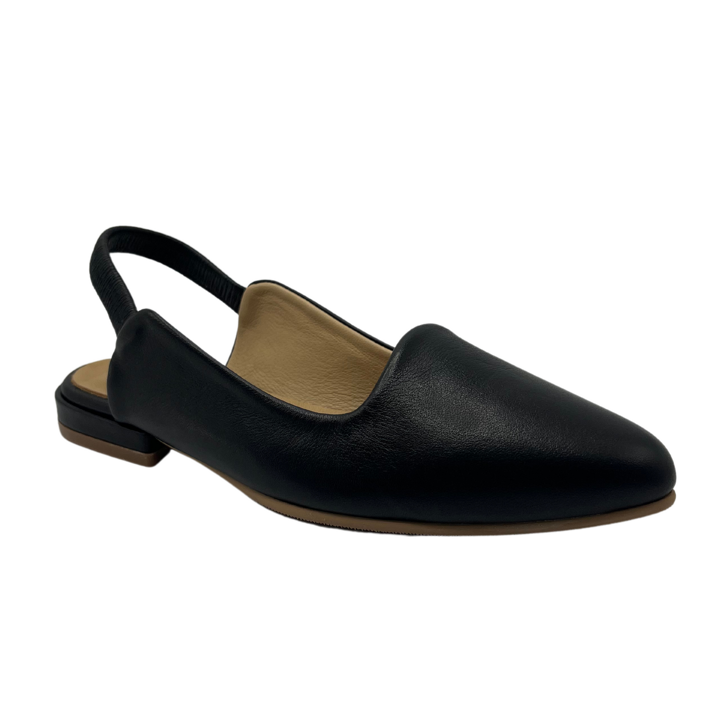 45 degree angled view of black leather flat with short block heel and slingback strap