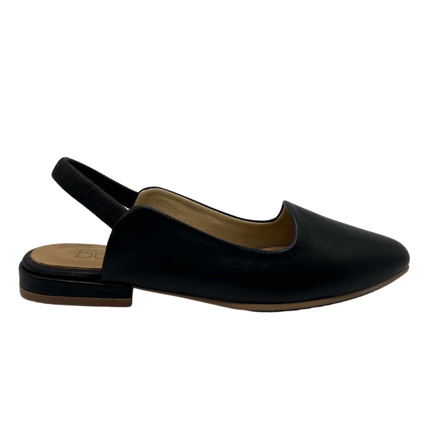Right facing view of black leather flat with pointed toe and slingback strap