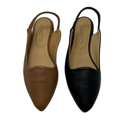 Top view of brown and black leather flats with pointed toe and slingback straps