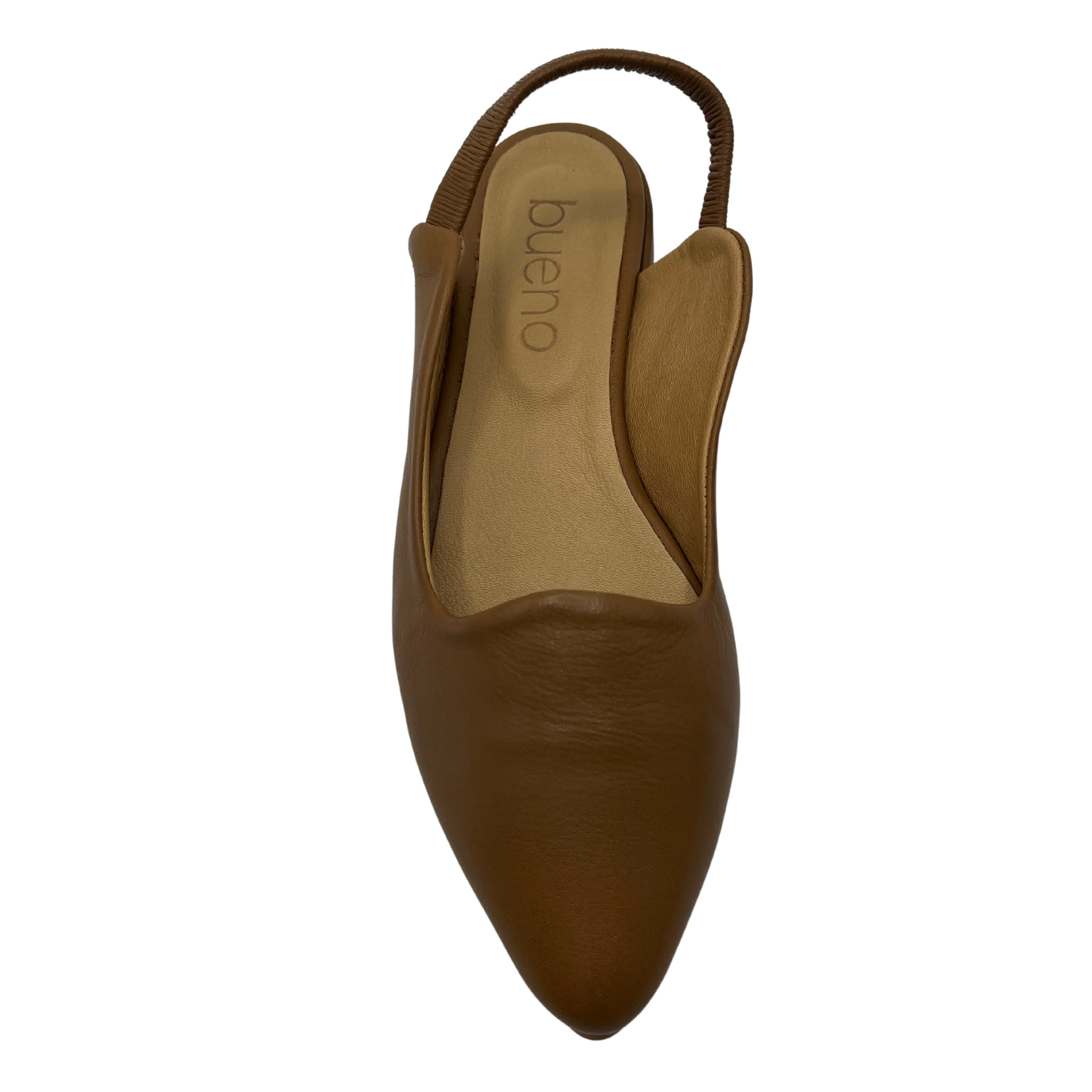 Top view of walnut leather shoe with pointed toe and slingback strap