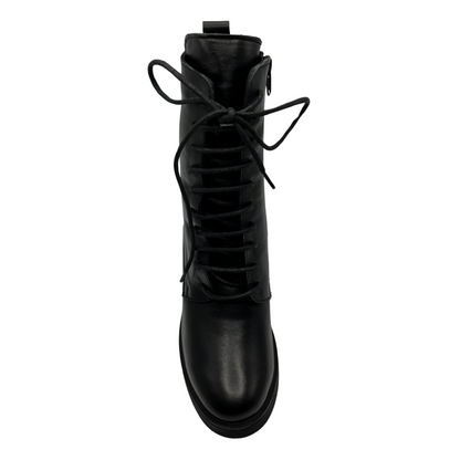 Top view of black leather lace up boot with wedge heel and side zipper closure