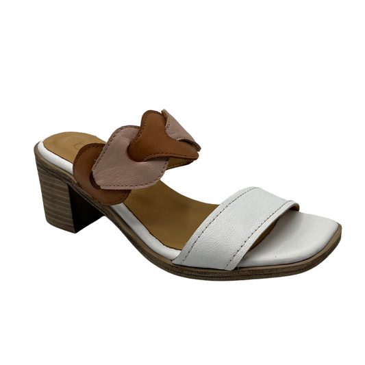 45 degree angled view of leather sandal with square toe, white toe strap and brown upper strap and short block heel