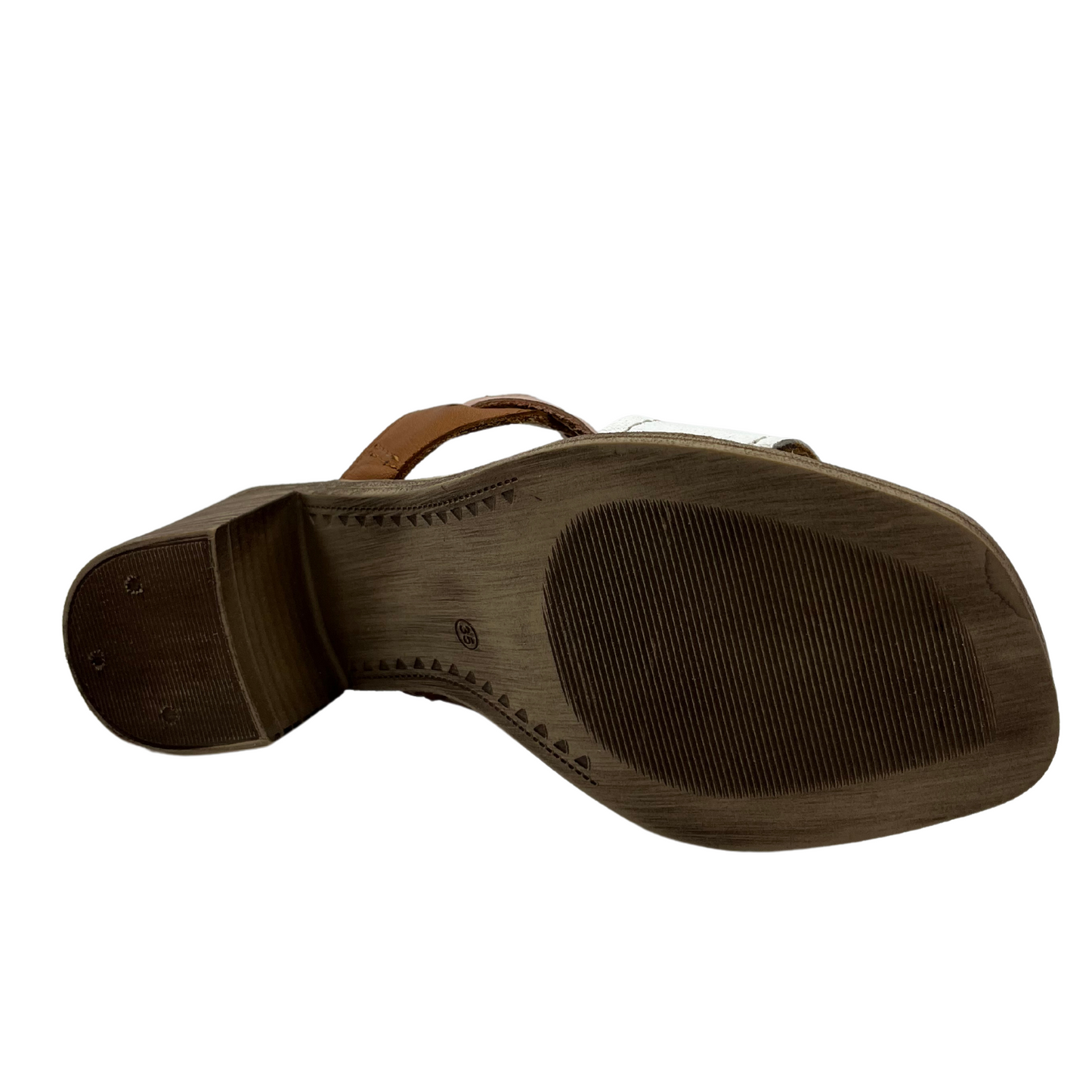 Bottom view of leather sandal with square toe, white toe strap and brown upper strap and short block heel