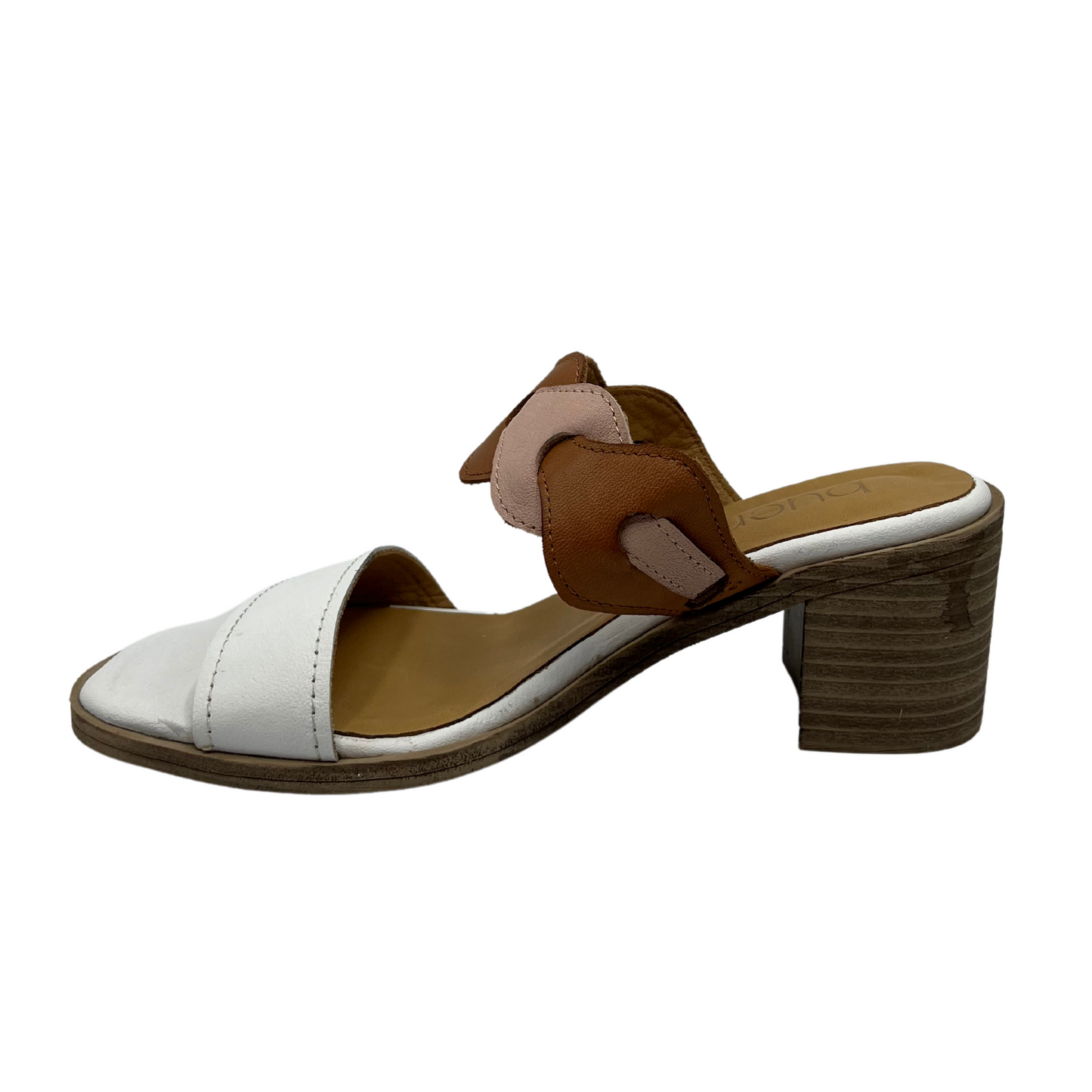Left facing view of leather sandal with square toe, white toe strap and brown upper strap and short block heel