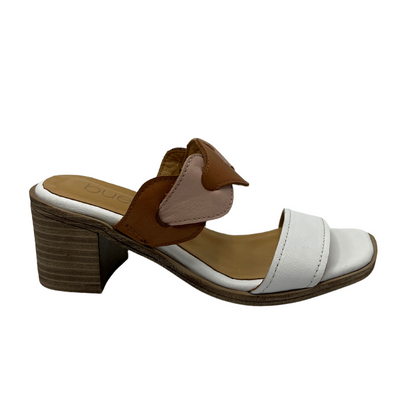 Right facing view of leather sandal with square toe, white toe strap and brown upper strap. Short block heel
