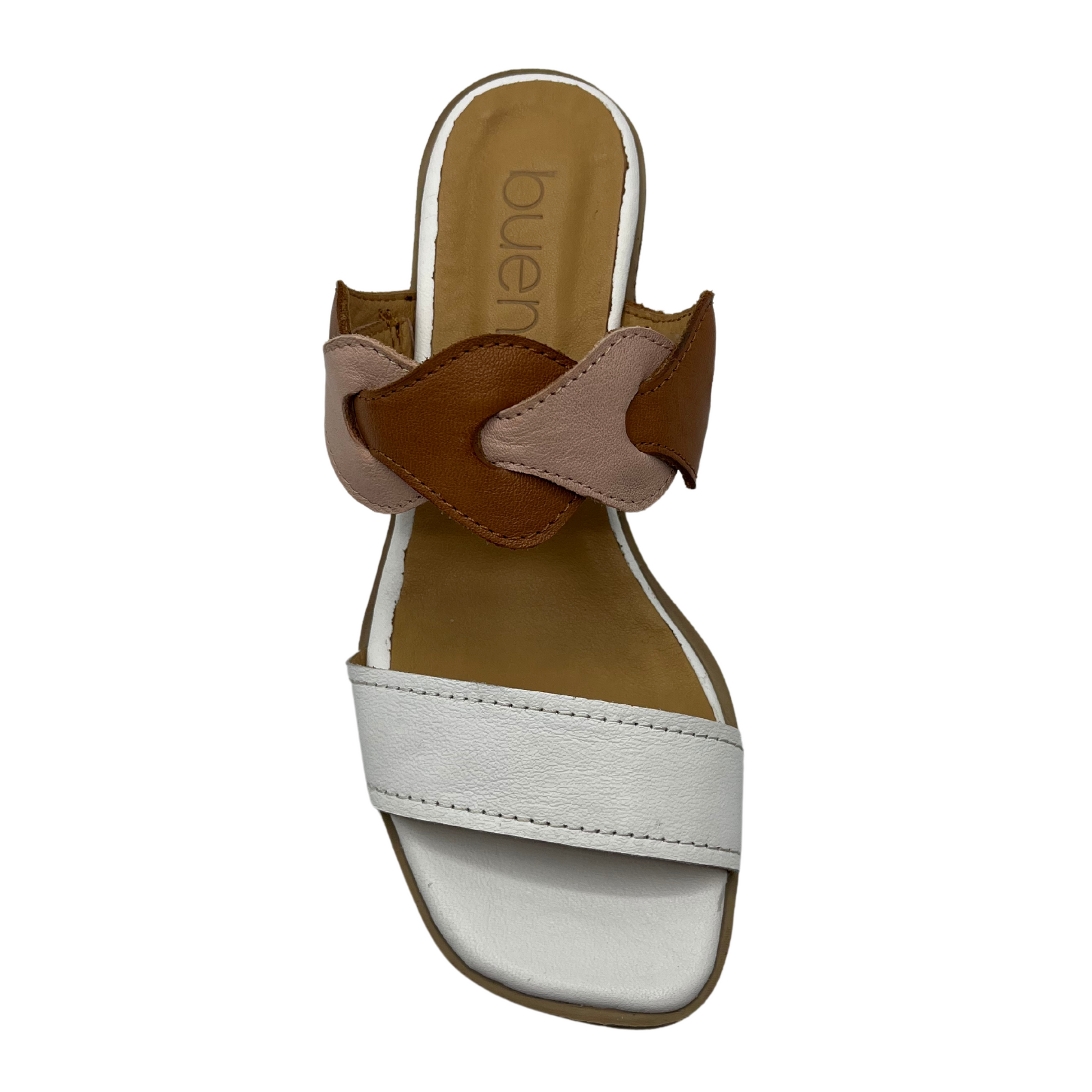 Top view of leather sandal with square toe, white toe strap and brown upper strap and short block heel