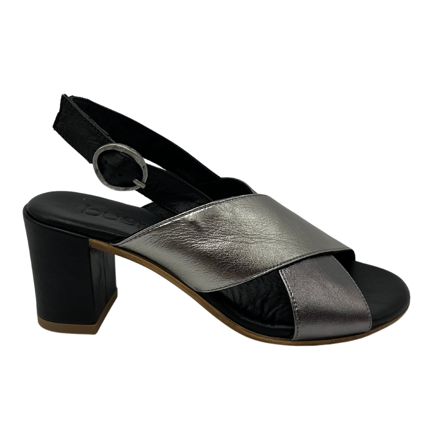 Right facing view of black and silver sandal with block heel and slingback strap