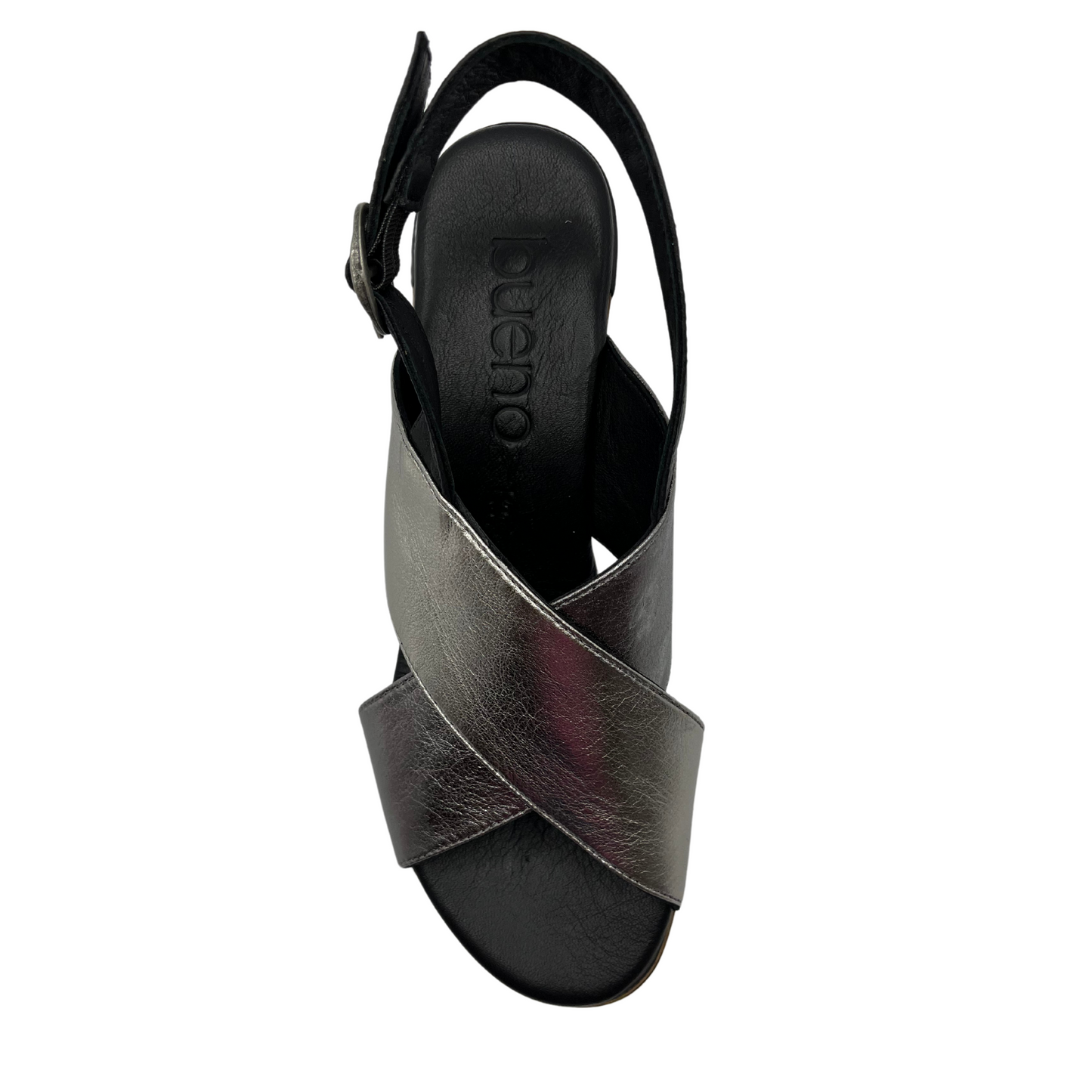 Top view of black and silver sandal with block heel and slingback strap