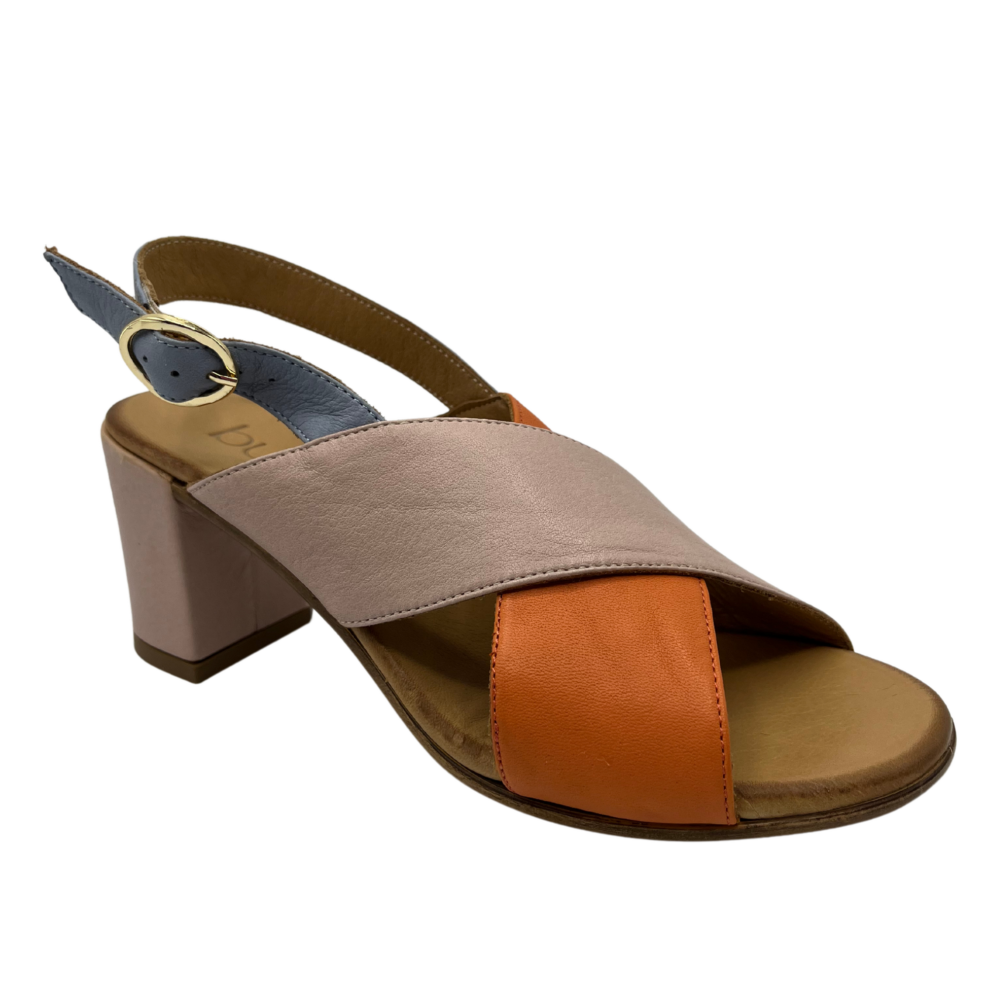 45 degree angled view of leather sandal with orange and pale pink straps. It has a block heel and grey slingback strap