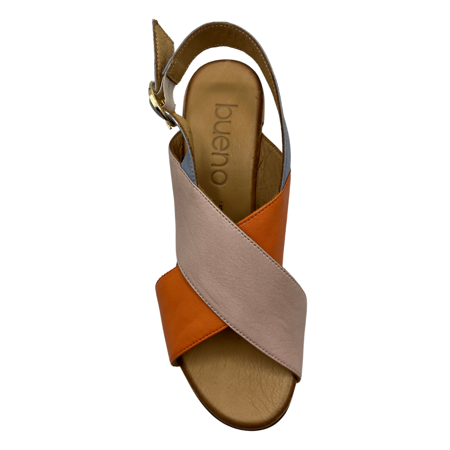 Top view of leather sandal with orange and pale pink straps. It has a block heel and grey slingback strap