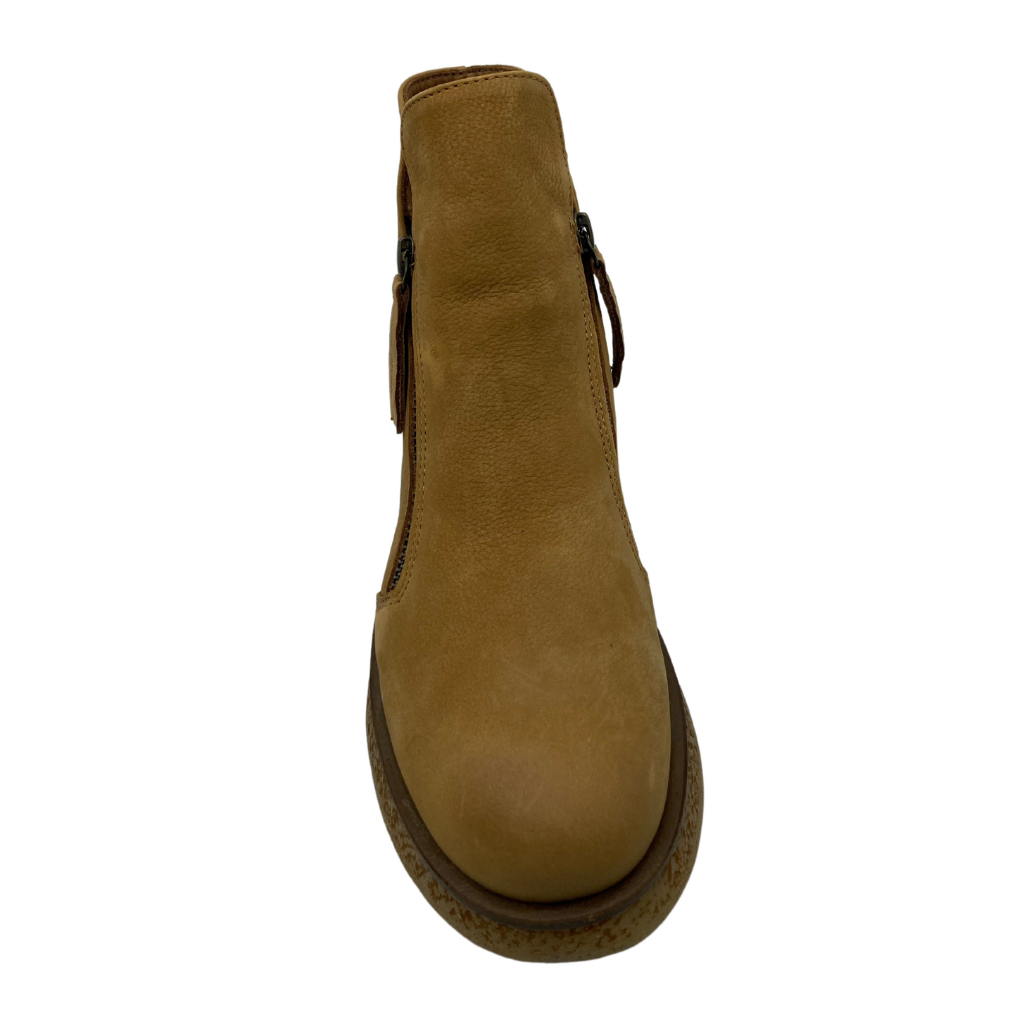Top view of desert nubuck short boot with double zipper side closures and rounded toe