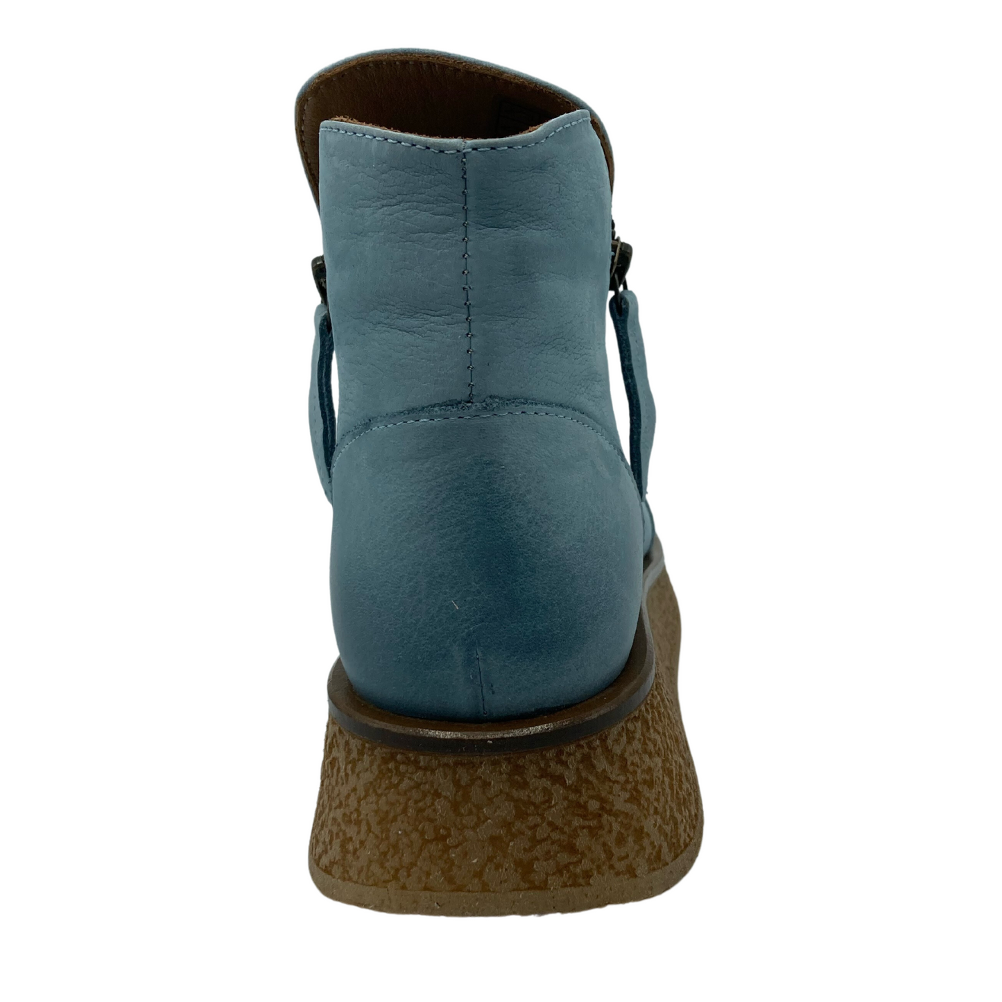 Back view of sky blue ankle boot with platform outsole