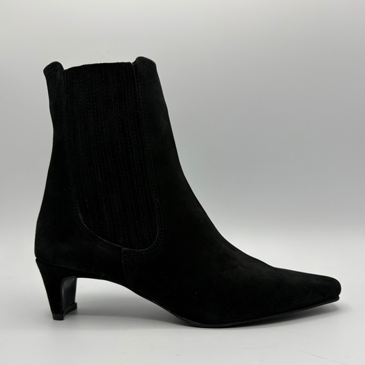 Right facing view of a black suede ankle boot with a kitten heel and a soft pointed toe