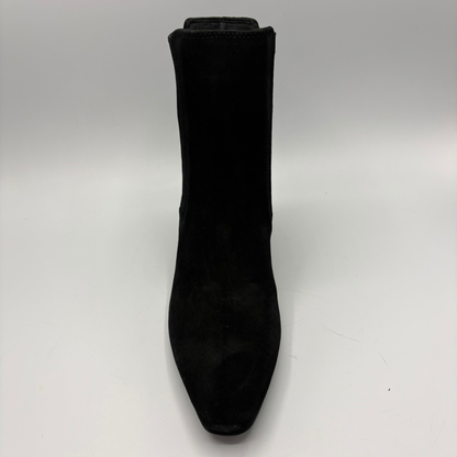 Front view of a black suede ankle boot with a kitten heel and a soft pointed toe